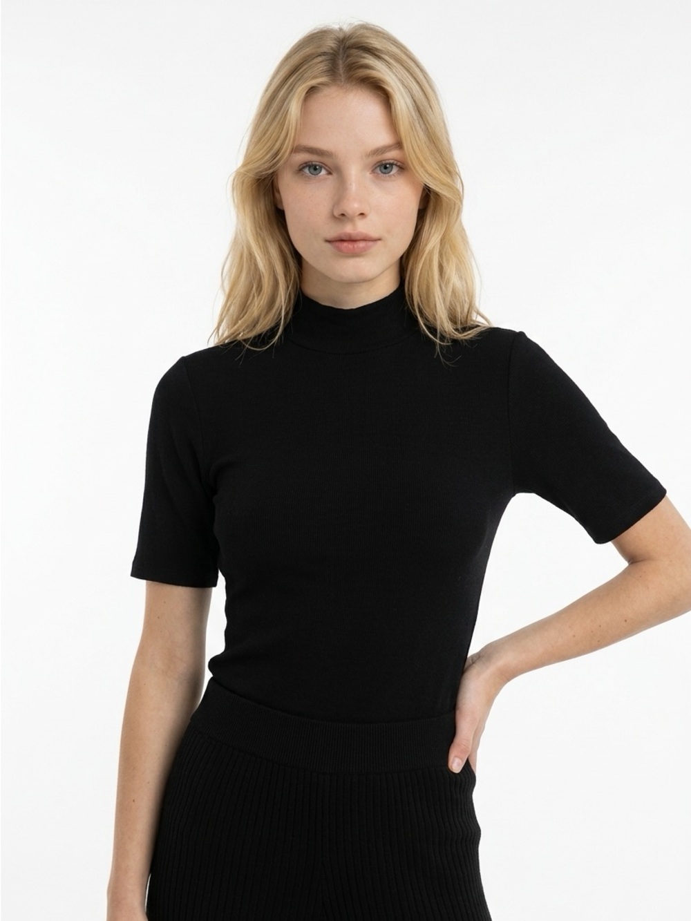 BCBG Black Short-Sleeve Mock Neck Women's Top